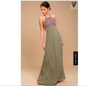 LITTLE BEACH OLIVE GREEN EMBROIDERED MAXI DRESS